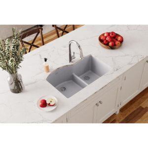 Elkay Quartz Classic ELGHU3322RGS0C 33" x 22" x 10", Offset 60/40 Double Bowl Undermount Sink Kit with Aqua Divide, Greystone