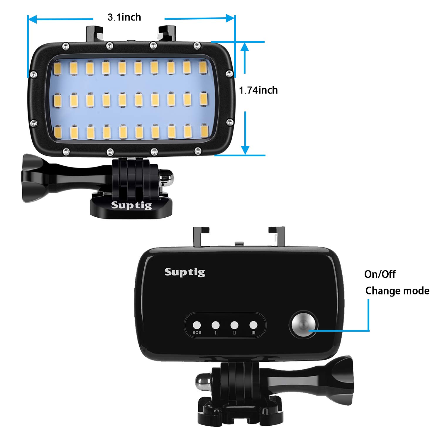 Suptig 30 LED Video Light Waterproof Light Underwater Light for Gopro Hero 12,11,10, 9, 8, 7, 6, 5, 4, 3,2, DJI osmo, Akaso and Canon Nikon Sony Olympus SLR Cameras Waterproof 180ft(55m)