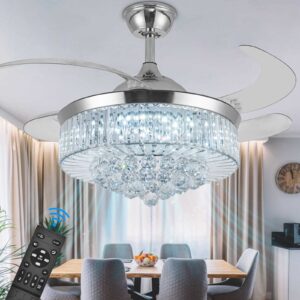 panghuhu88 42" invisible ceiling fan chandelier light,modern crystal ceiling fan light remote control 4 retractable abs blades for bedroom living room dining room decoration