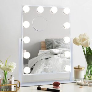 misavanity hollywood vanity makeup mirror with lights vanity mirror with wireless charger and 10x magnification, beauty cosmetic mirror with 12 led bulbs for tabletop dressing room