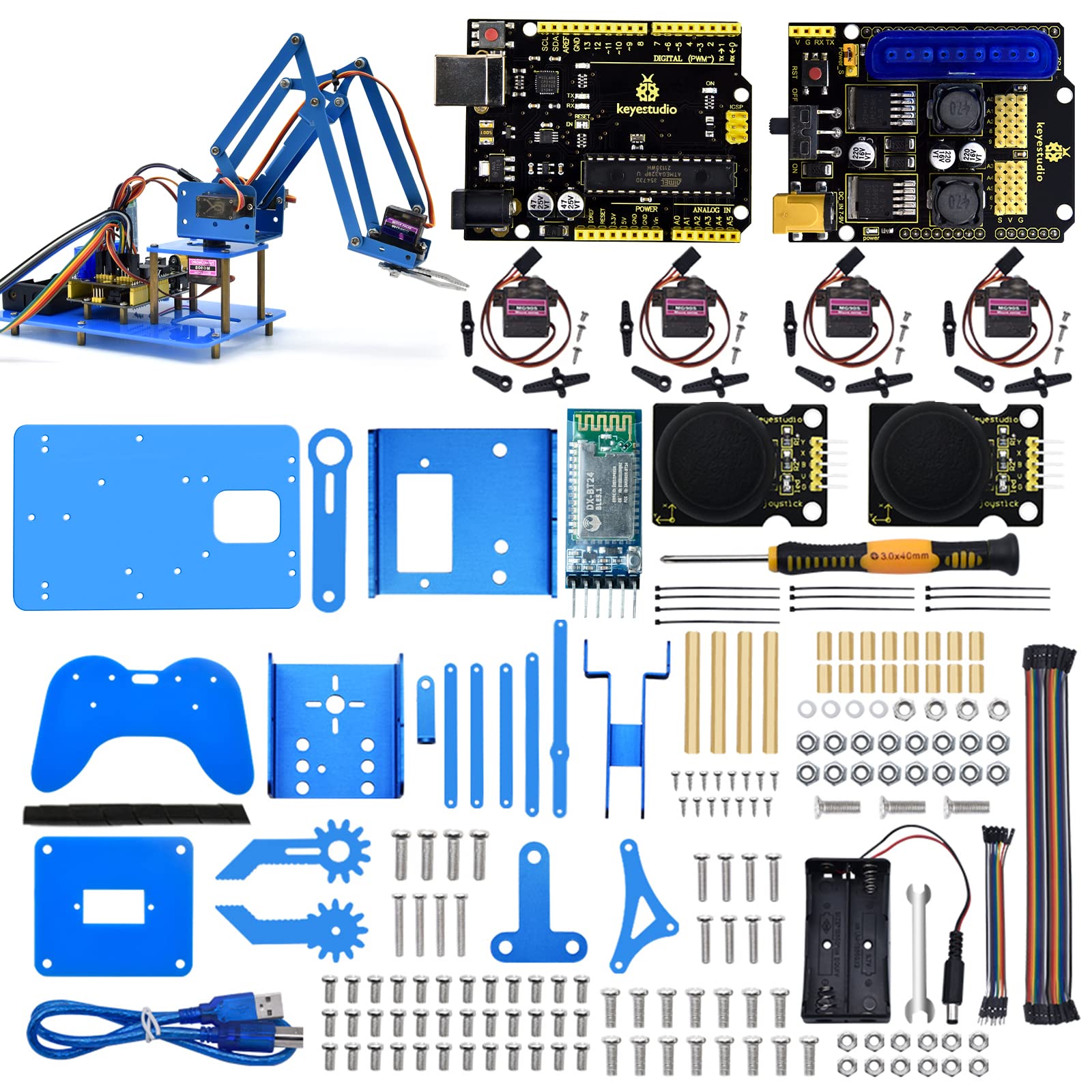 KEYESTUDIO Robot Arm Starter Kit for Arduino,4DOF Electronic Coding Robotics Arm DIY Set for Kids Adults to Learn Robotics,Support PS2 Joypad Control,Remote Control by Android/iOS APP