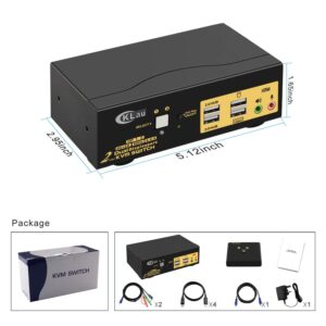 CKLau 4K@60Hz 2 Port Dual Monitor KVM Switch Displayport with Audio, USB 2.0 Hub and Cables, DP 1.2 KVM Switch 2 Monitors 2 Computers Support Hotkey Switching