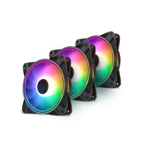 deepcool cf120 plus 3in1 pc fans 3 packs 120mm 1800rpm pwm case fans argb aura sync 52.5cfm computer cooling fans quiet under 28.8db(a) high performance for atx/matx pc cases, black