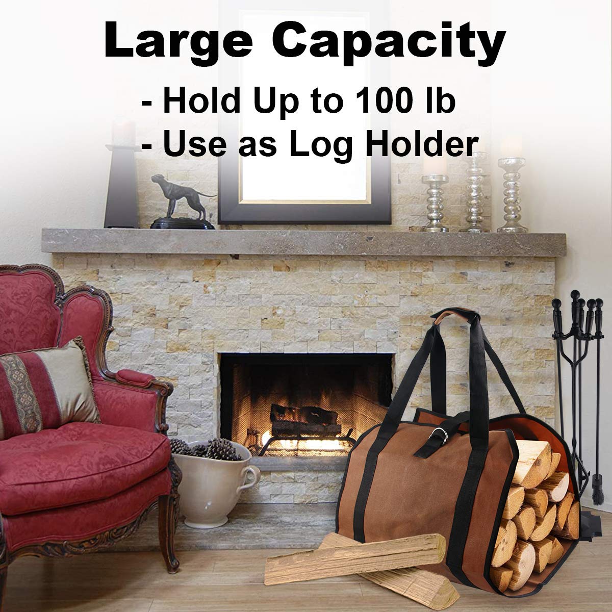 Firewood Carrier Log Bag Waxed Canvas Log Tote Bag for Indoor Fireplace Log Holders with Handle Large Fire Wood Carriers for Outdoor Fire Pit Fireplace Wood Stove Accessories Log Bag