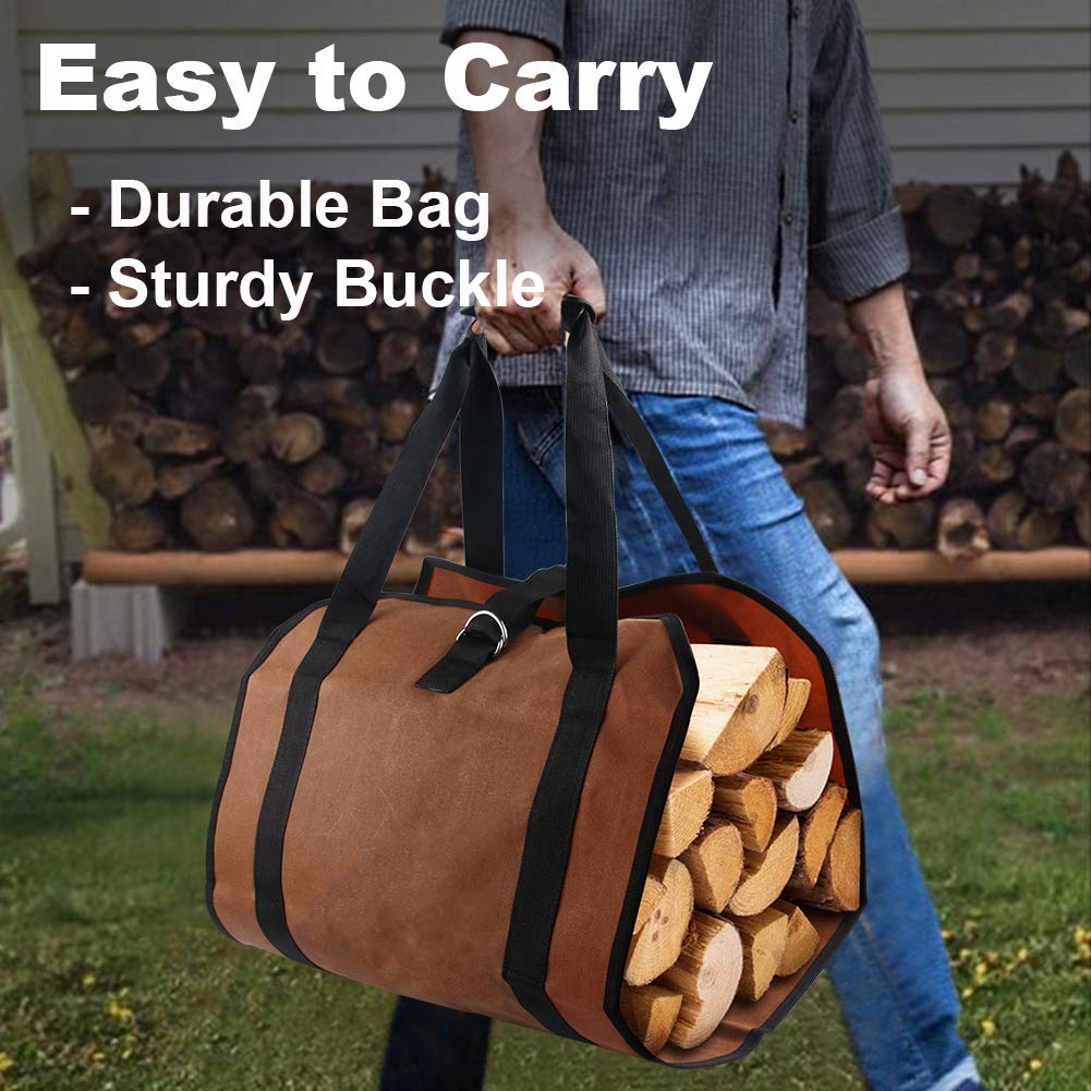 Firewood Carrier Log Bag Waxed Canvas Log Tote Bag for Indoor Fireplace Log Holders with Handle Large Fire Wood Carriers for Outdoor Fire Pit Fireplace Wood Stove Accessories Log Bag