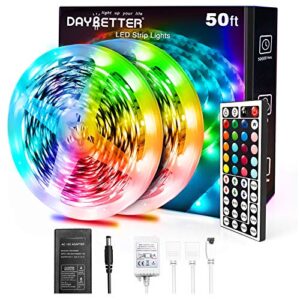 daybetter led strip lights 50ft, color changing led light strip with remote control, 5050 rgb strip lighting suitable for easter decor, living room, kitchen, home party decoration (2 rolls of 25ft)