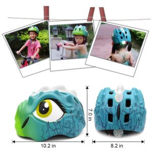 3D Cartoon Dinosaur Kid Safety Green Helmet with Rear LED Warning Light Adjusted Belt for Multi-Sport Bike Protective Gear Rollerblading Inlineskating Cycling Balance Use Youth Girls Boys 5-8 (Green)