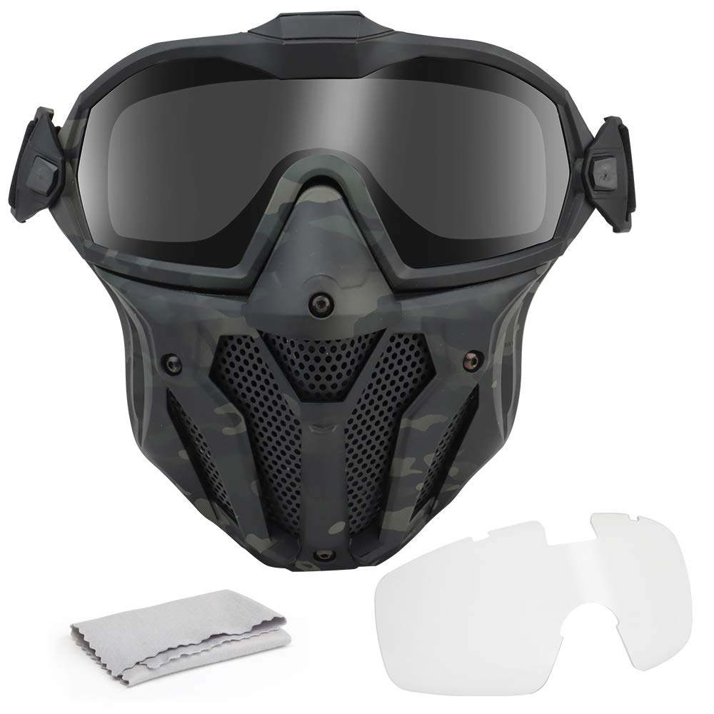 ATAIRSOFT Tactical Airsoft Anti-Fog Anti-Ultraviolet UV Protection Goggles and Mesh Mask Set with Swappable Lens Multicam Black