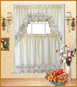 elitehomeproducts ehp 3 piece embroidery kitchen curtain window treatment set, 1 valance & 2 tiers (blue flowers)