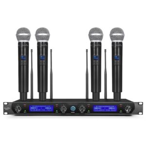 microcking wireless microphone system, with 4 handheld mics, metal build, fixed frequency, long range 400ft, ideal for party/wedding/church/conference/speech