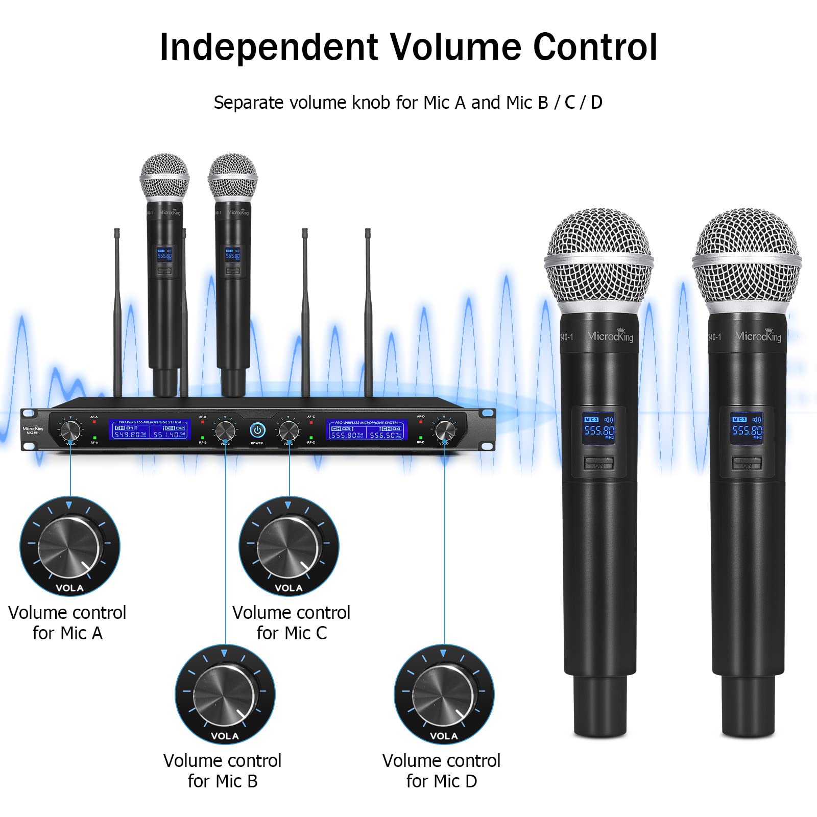 MicrocKing Wireless Microphone System, with 4 Handheld Mics, Metal Build, Fixed Frequency, Long Range 400ft, Ideal for Party/Wedding/Church/Conference/Speech