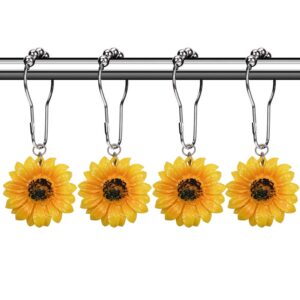 chictie flowers shower curtain hooks rings, 12 pcs decorative rustproof shower rings for bathroom set (yellow sunflower)