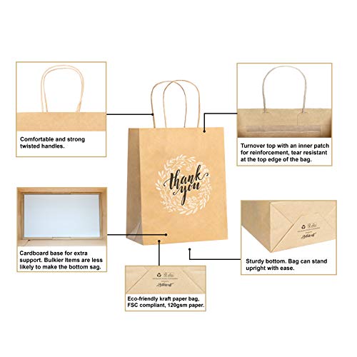 VHOB Artenkraft Medium Thank You Gift Bags Bulk with Handles 50pcs- Premium Brown Kraft Paper Bags for Wedding Birthday Graduation Party Favors Baby Shower Retail Merchandise 8x4.75x10 Inches (Brown)