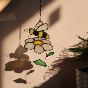 HAOSUM Bee Suncatcher Flower Stained Glass Window Hangings, Bee Decor Party Birthday Bee Gifts for Women,Bee Lovers, Housewarming Gifts.