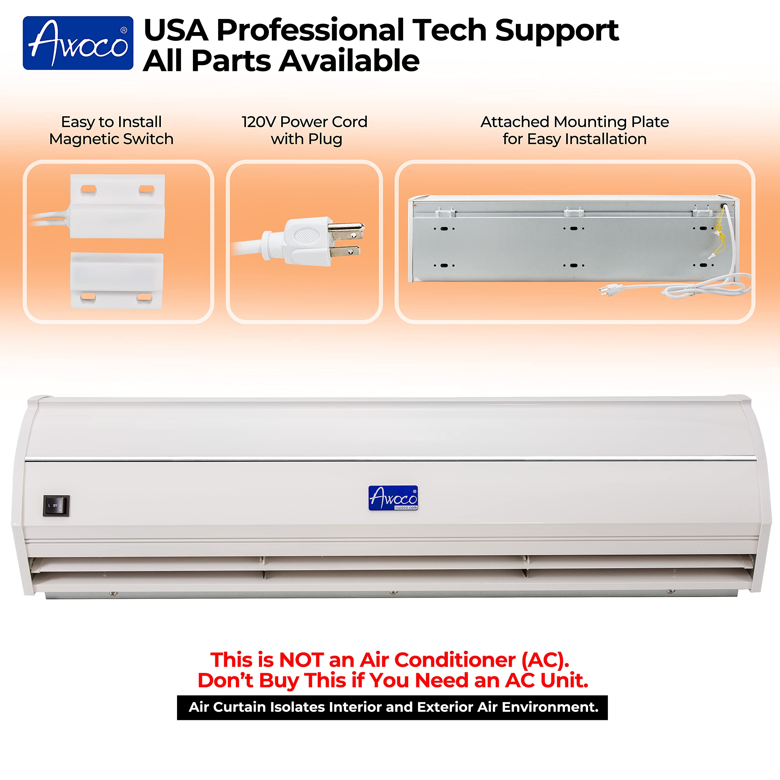 Awoco 72" Elegant 2 Speeds 1800CFM Commercial Indoor Air Curtain, CE Certified, 120V Unheated - Door Switch Included