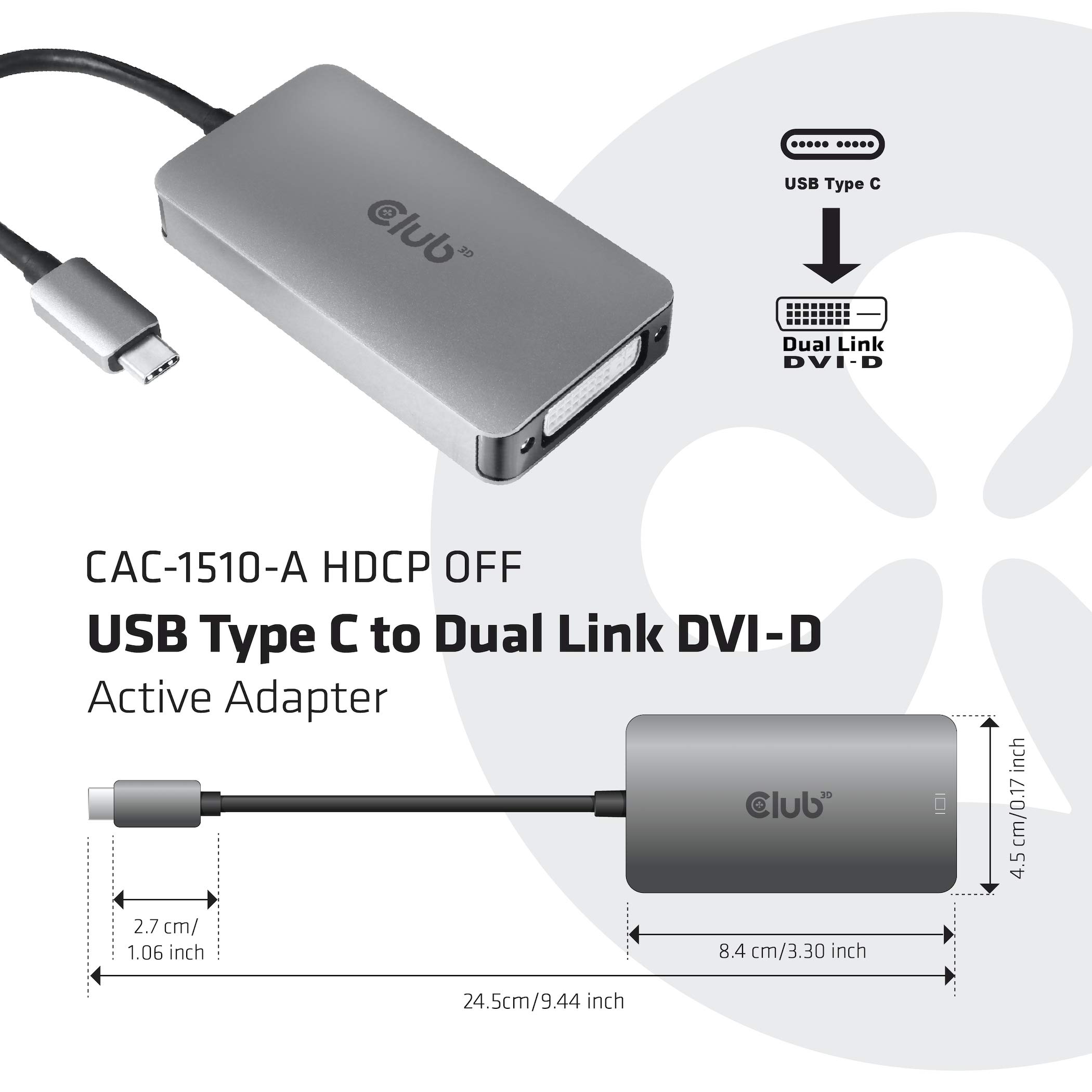 Club3D CAC-1510-A USB Type C to Dual Link DVI-D Cable Adapter Support 3840x2160@30hz, 2560x1600@60Hz HDCP Off for Apple Cinema Displays M/F