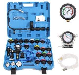 coolant pressure tester kit, radiator pressure tester kit 28-piece universal radiator pressure tester, vacuum type cooling system tool kit for many makes and models with carrying case (blue case)