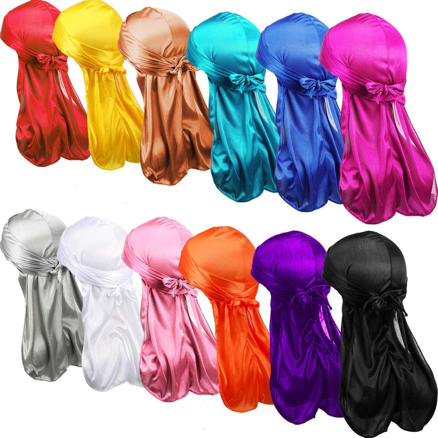 SATINIOR 12 Pieces Silky Durag Long Tailed Turban Headwear Beanie Cap Headwraps for Men Women Running Fitness Cycling Hiking Camping, Multiple Colors, Multicoloured, Medium