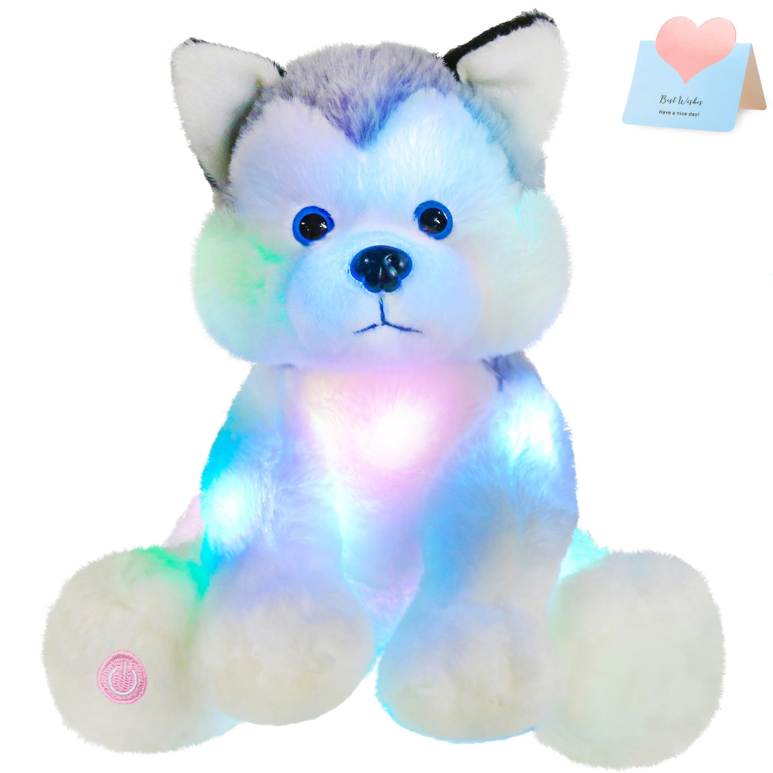 Houwsbaby Light up Husky Stuffed Animal Dog Floppy LED Plush Toy Puppy Night Lights Glow Pillow Birthday Gifts for Kids Toddler Girls, Gray, 11''