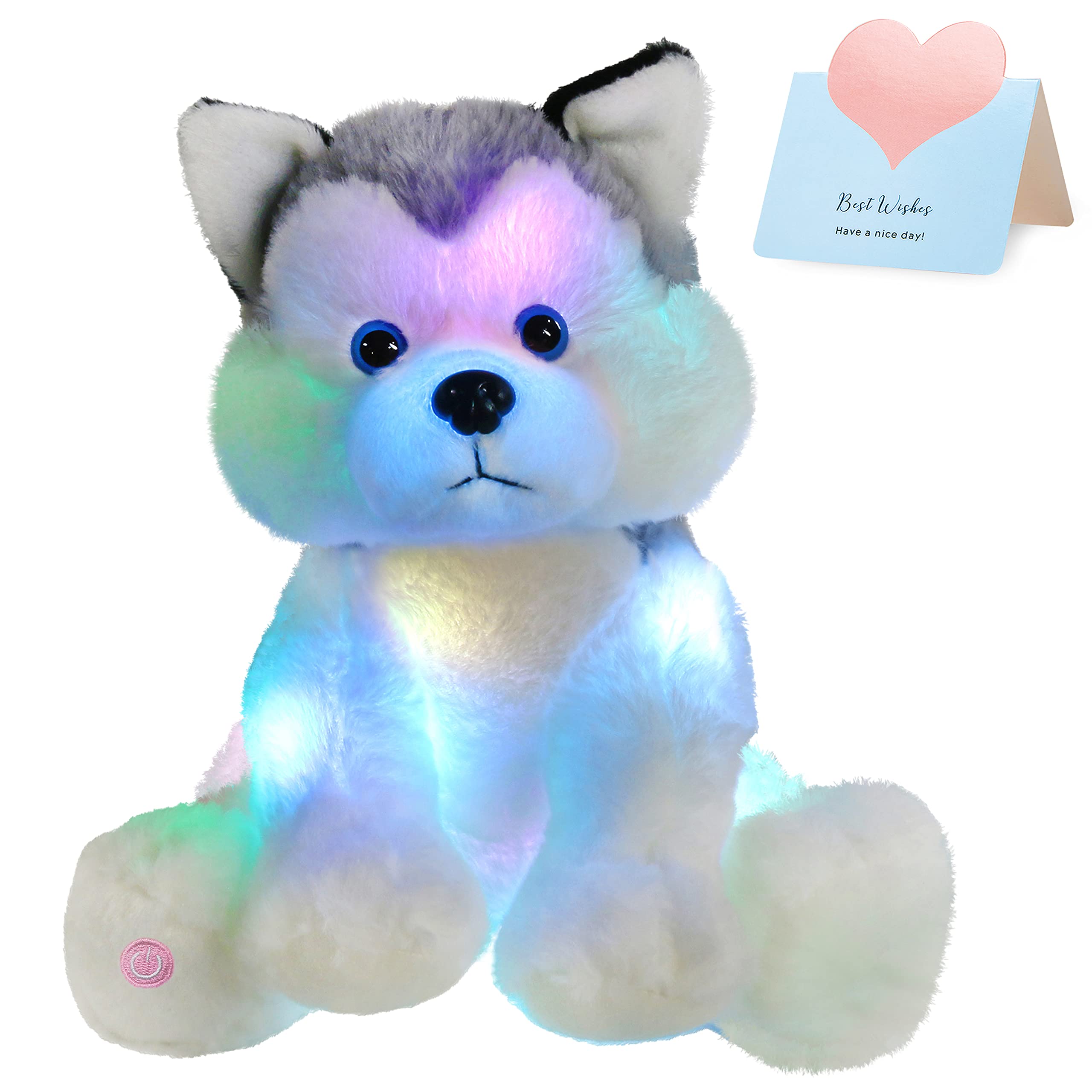 Houwsbaby Light up Husky Stuffed Animal Dog Floppy LED Plush Toy Puppy Night Lights Glow Pillow Birthday Gifts for Kids Toddler Girls, Gray, 11''