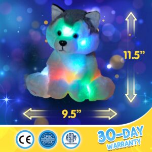 Houwsbaby Light up Husky Stuffed Animal Dog Floppy LED Plush Toy Puppy Night Lights Glow Pillow Birthday Gifts for Kids Toddler Girls, Gray, 11''