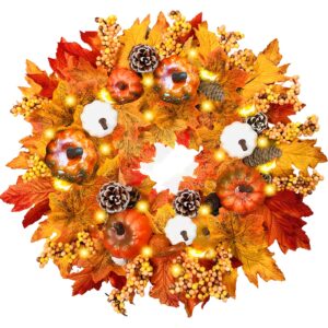 [ timer ] 20" prelit fall wreath thanksgivings decor for front door with 20 warm light pumpkin maples leaf pine cone berry battery operated fall autumns harvest home indoor outdoor