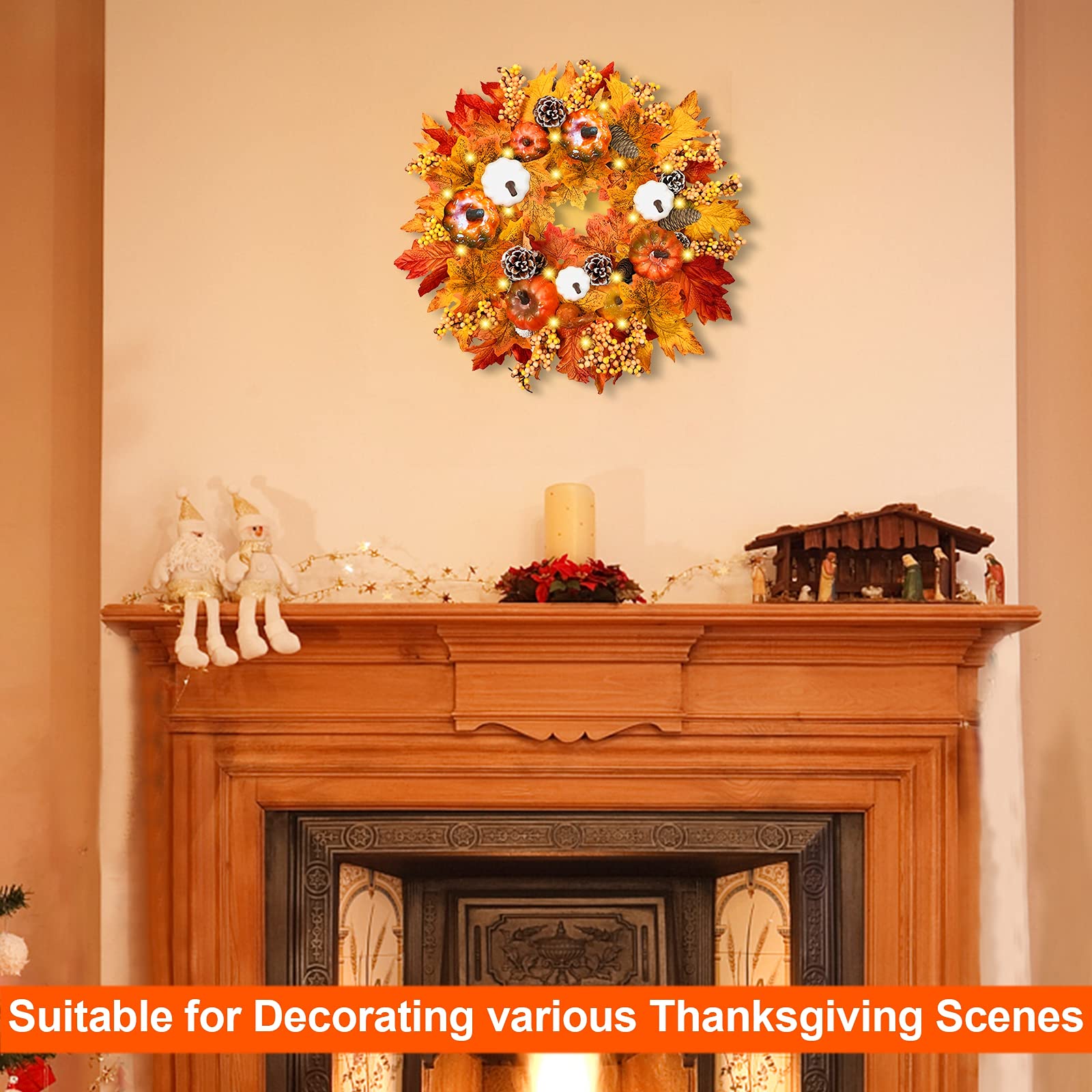 [ Timer ] 20" Prelit Fall Wreath Thanksgivings Decor for Front Door with 20 Warm Light Pumpkin Maples Leaf Pine Cone Berry Battery Operated Fall Autumns Harvest Home Indoor Outdoor