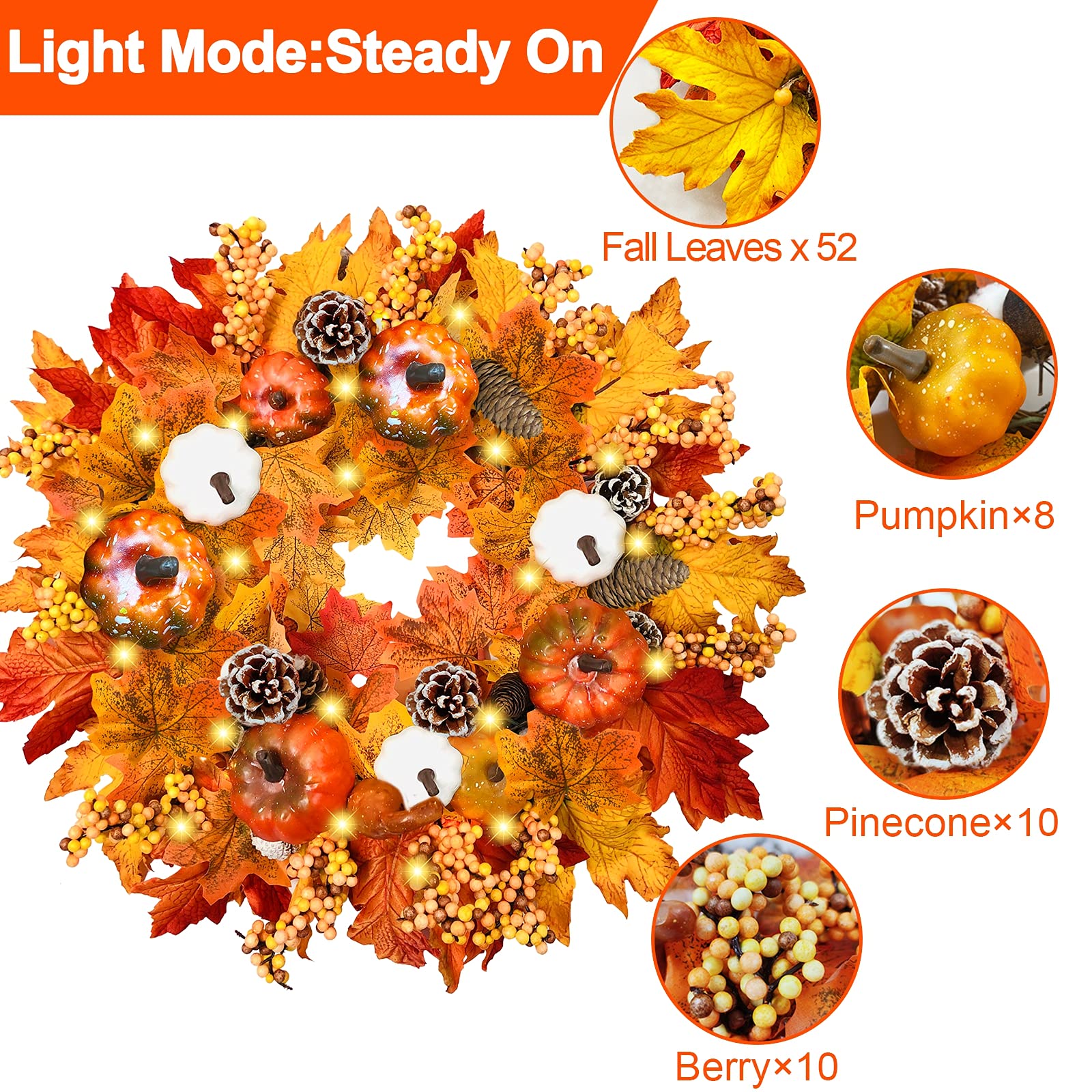 [ Timer ] 20" Prelit Fall Wreath Thanksgivings Decor for Front Door with 20 Warm Light Pumpkin Maples Leaf Pine Cone Berry Battery Operated Fall Autumns Harvest Home Indoor Outdoor