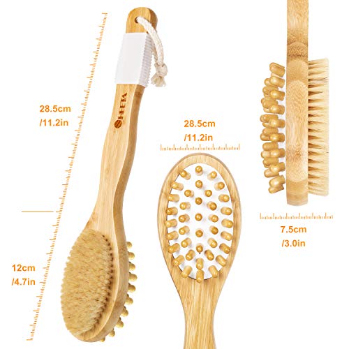 HEETA Body Brush, Long Handle Solid Wood Boar Bristle Brush, Lymphatic Drainage Massager, Body Exfoliating Brush for Shower, Gently Exfoliate Dead Skin & Cellulite, Natural Bristles Brush (Brown)