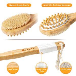 HEETA Body Brush, Long Handle Solid Wood Boar Bristle Brush, Lymphatic Drainage Massager, Body Exfoliating Brush for Shower, Gently Exfoliate Dead Skin & Cellulite, Natural Bristles Brush (Brown)