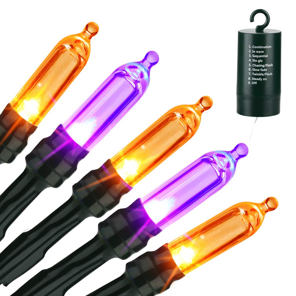 Halloween Orange Purple String Lights, 33ft 100 LED Halloween Decorative Lights with 8 Modes & Timer, Waterproof Battery Operated Purple Lights Orange String Lights for Halloween Party Decorations