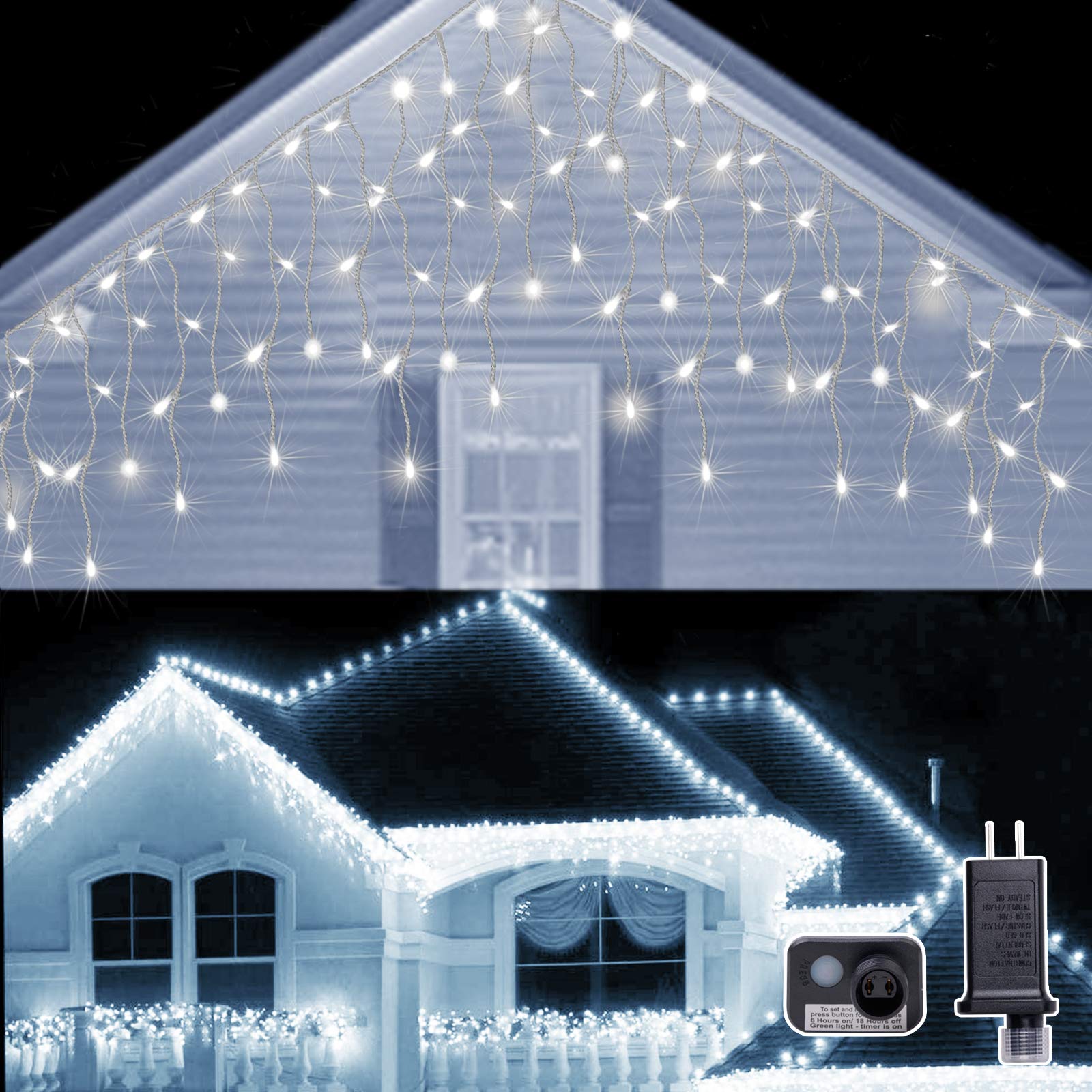 AWQ 400LED 32Ft Icicle Lights Curtain Fairy Light Christmas String Lights Outdoor Dripping Lights 8 Modes for Christmas Thanksgiving Wedding Party Home Bedroom Indoor Outdoor Decor (White)