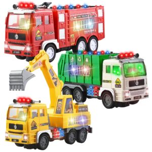 joyin 3-in-1 toy trucks, automatic bump & go fire truck toy, garbage truck, play excavator with lights and music, vehicle toys gifts for kids boys and girls 2-8 years old