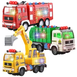 JOYIN 3-in-1 Toy Trucks, Automatic Bump & Go Fire Truck Toy, Garbage Truck, Play Excavator with Lights and Music, Vehicle Toys Gifts for Kids Boys and Girls 2-8 Years Old