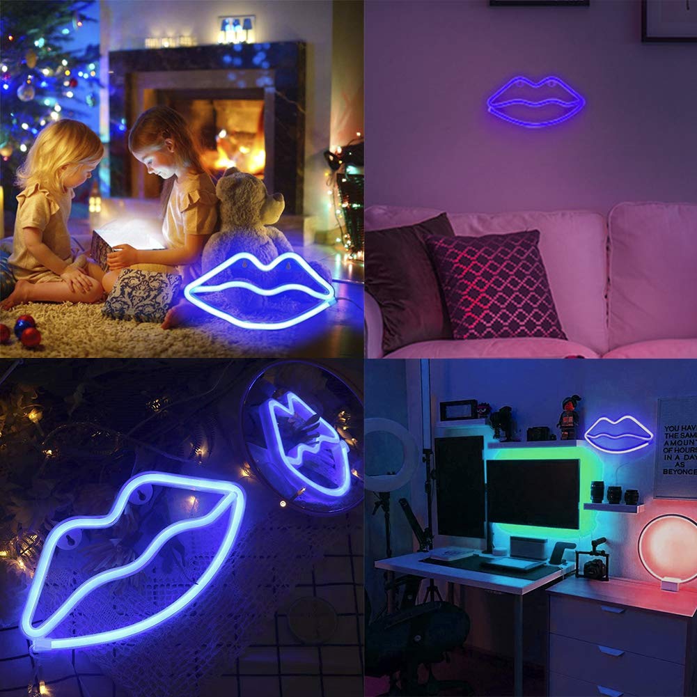 Lip Shaped Neon Signs by woohaha Led Neon Light Art Decorative Lights Wall Decor for Christmas Children Baby Room Wedding Party Decoration (Blue)