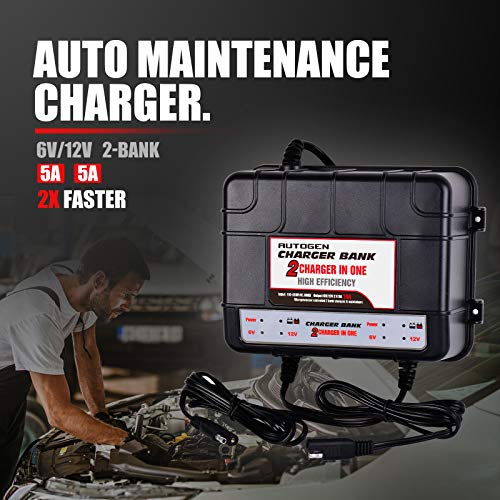 AUTOGEN 2-Bank Marine Battery Charger, 10-Amp (5-Amp Per Bank) Dual Battery Trickle Charger Maintainer, 6V & 12V Onboard Battery Charger and Battery Maintainer