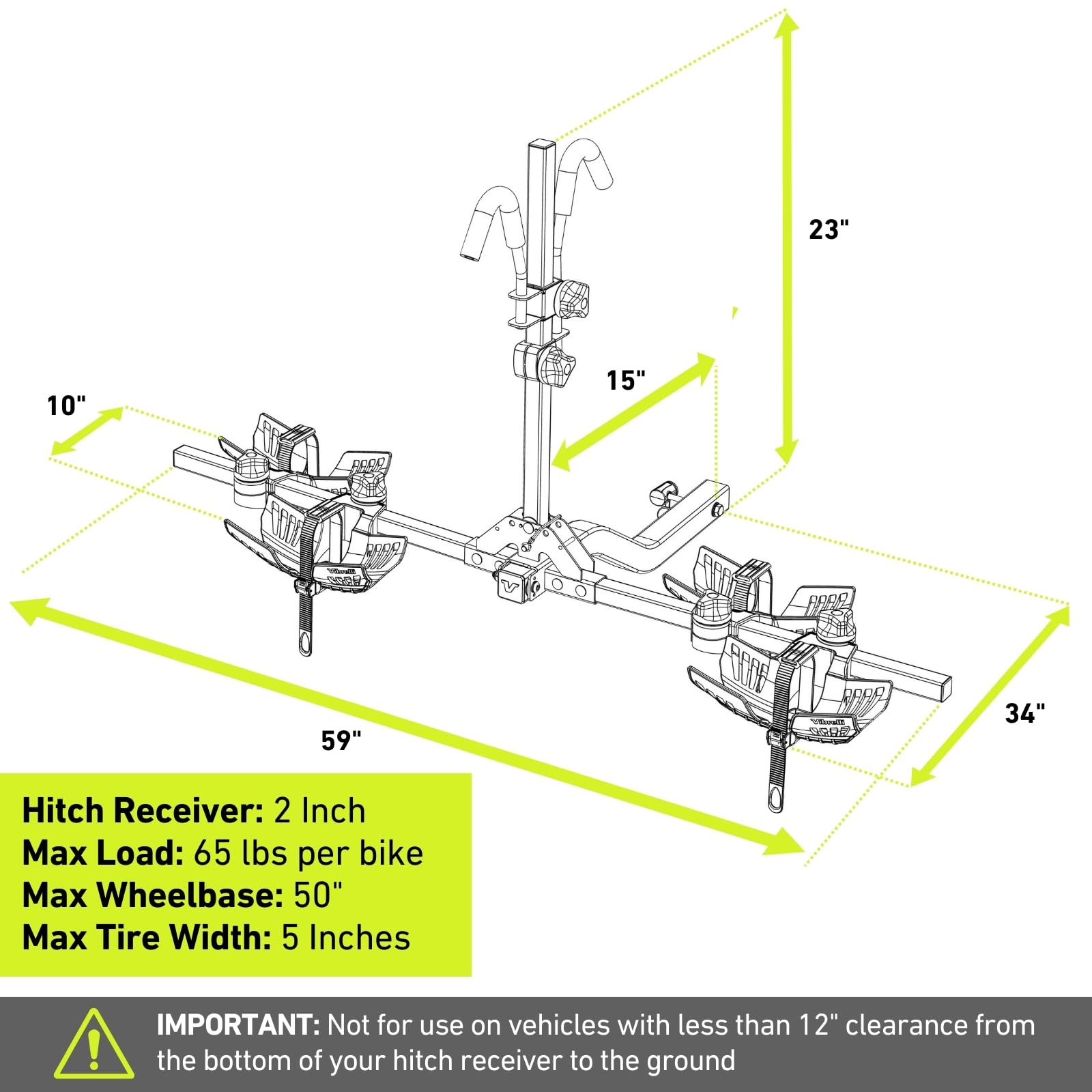 Vibrelli Electric Bike Hitch Rack - 2 Ebike Rack Fits Fat Tire, Mountain Bike, Standard Bicycles - 65lbs per Bike - Patented Anti-Wobble - Cars & SUV - Tilt Down/Fold Up Platform - Locking Tow Mount