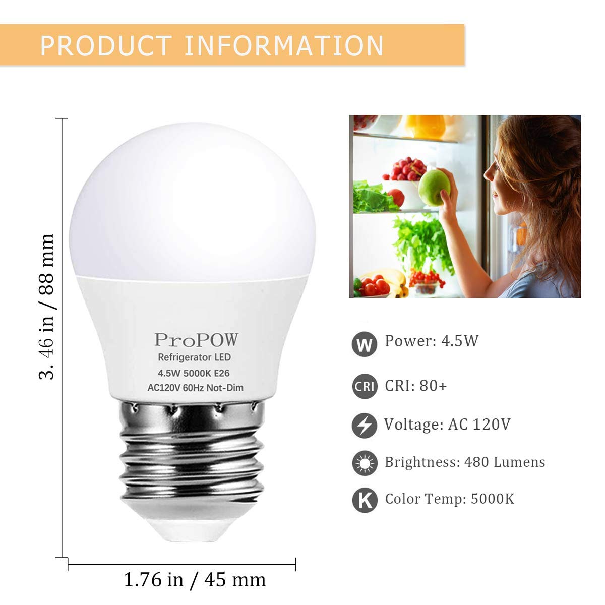 LED Refrigerator Light Bulb 40 Watt Equivalent 120V 4.5W Fridge Bulbs Daylight White 5000K E26 Medium Base, Energy Saving A15 Freezer Light Bulb, Not-dimmable, Waterproof, 2 Pack