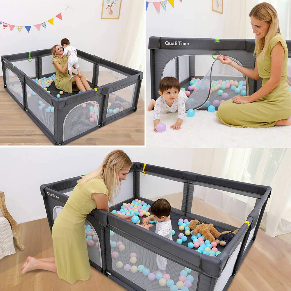 Baby Playpen, Playpens for Babies, Extra Large Playyard for Toddler, Reliable Kids Activity Center, Sturdy Safety Playpen with Anti-Slip Suckers and Super Soft Breathable Mesh (Dark Gray, X-Large)