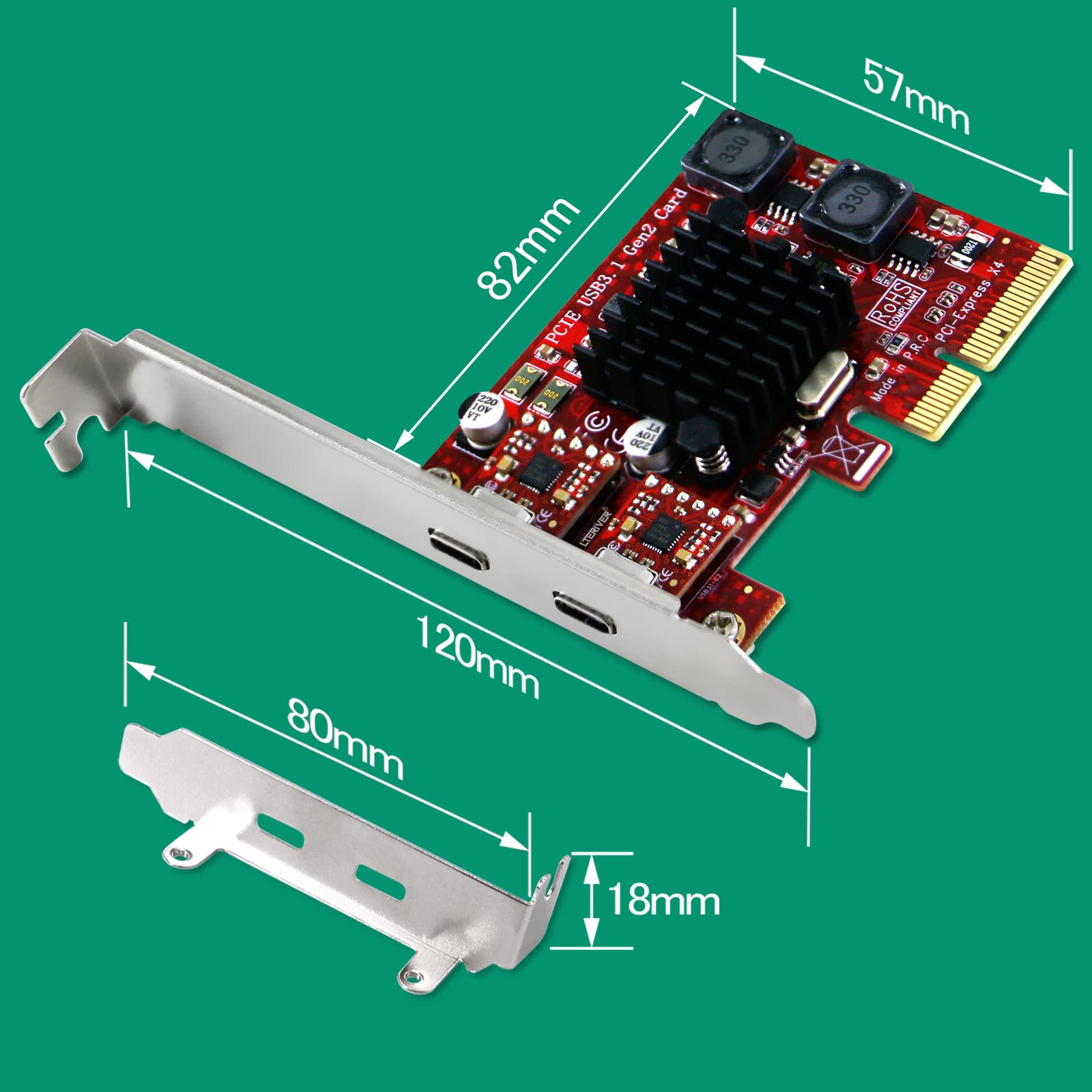 PCI Express to 2X USB 3.1 GEN2 Type C 10Gbps Ports Card for Windows 7, 8.1, 10, 11 (32/64) and MAC OS 10.9,10.10,10.12,10.13,10.14,10.15 PCs, Built in Smart Power Control Technology (PCE-U312C)