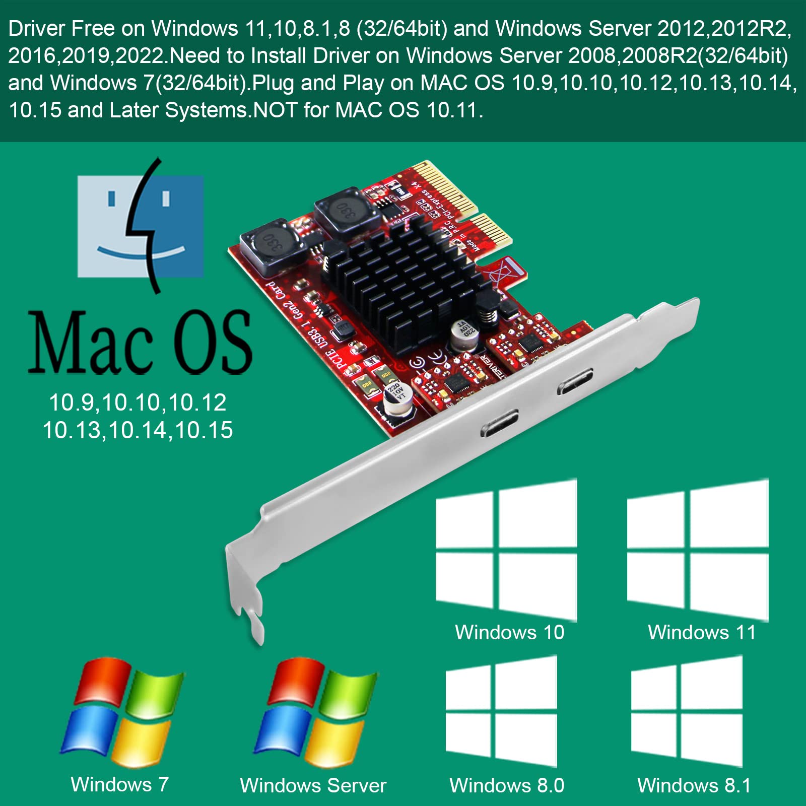 PCI Express to 2X USB 3.1 GEN2 Type C 10Gbps Ports Card for Windows 7, 8.1, 10, 11 (32/64) and MAC OS 10.9,10.10,10.12,10.13,10.14,10.15 PCs, Built in Smart Power Control Technology (PCE-U312C)