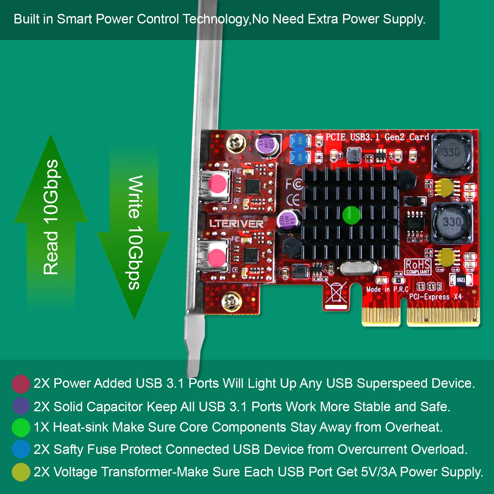 PCI Express to 2X USB 3.1 GEN2 Type C 10Gbps Ports Card for Windows 7, 8.1, 10, 11 (32/64) and MAC OS 10.9,10.10,10.12,10.13,10.14,10.15 PCs, Built in Smart Power Control Technology (PCE-U312C)