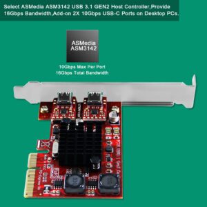 PCI Express to 2X USB 3.1 GEN2 Type C 10Gbps Ports Card for Windows 7, 8.1, 10, 11 (32/64) and MAC OS 10.9,10.10,10.12,10.13,10.14,10.15 PCs, Built in Smart Power Control Technology (PCE-U312C)