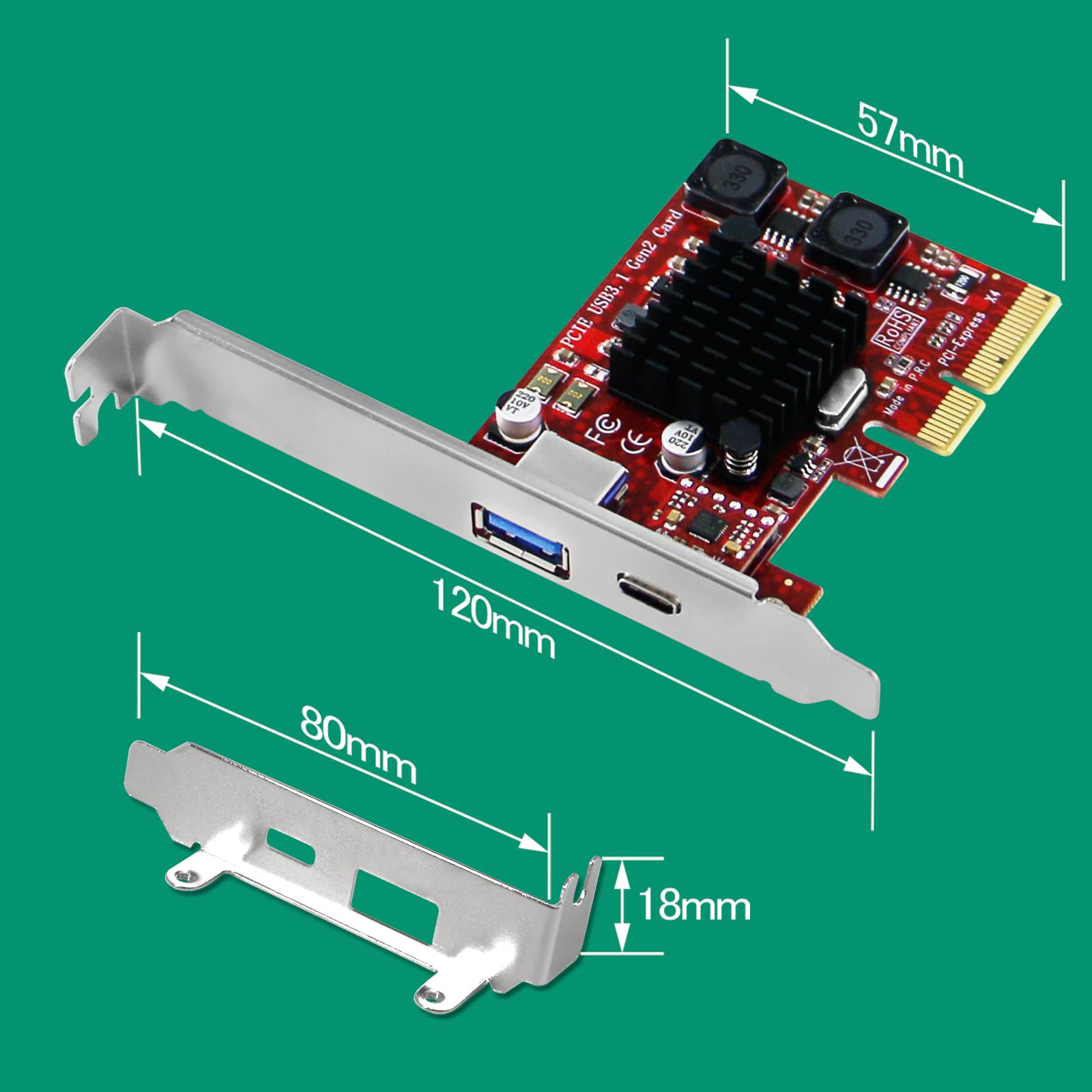 PCIE to USB 3.1 GEN2 10Gbps Card for Windows 7, 8.1, 10, 11 (32/64) and MAC OS 10.9,10.10,10.12,10.13,10.14,10.15 PCs, Built in Smart Power Control Technology, 1X USB-C and 1XUSB-A (PCE-U31AC)