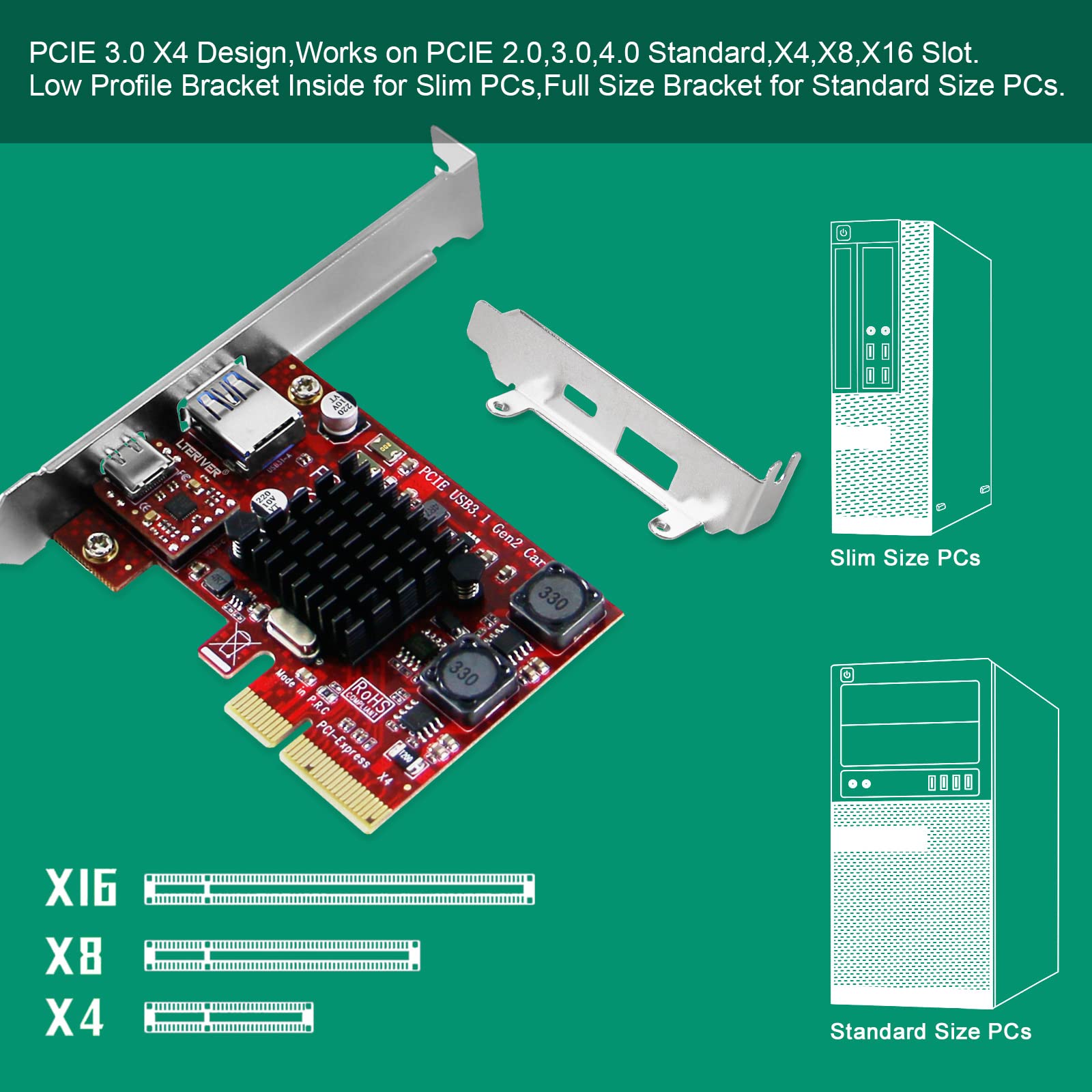 PCIE to USB 3.1 GEN2 10Gbps Card for Windows 7, 8.1, 10, 11 (32/64) and MAC OS 10.9,10.10,10.12,10.13,10.14,10.15 PCs, Built in Smart Power Control Technology, 1X USB-C and 1XUSB-A (PCE-U31AC)