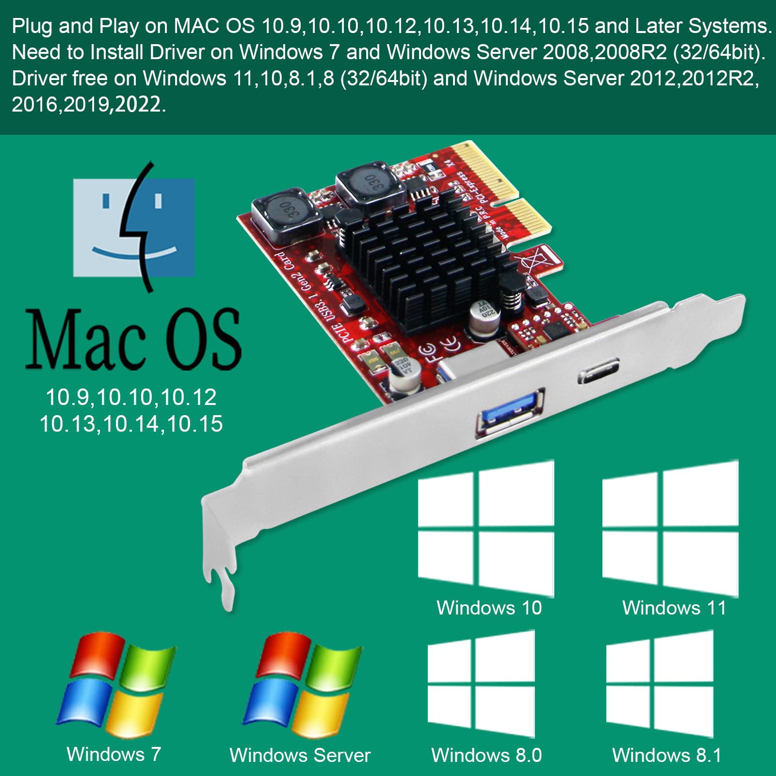 PCIE to USB 3.1 GEN2 10Gbps Card for Windows 7, 8.1, 10, 11 (32/64) and MAC OS 10.9,10.10,10.12,10.13,10.14,10.15 PCs, Built in Smart Power Control Technology, 1X USB-C and 1XUSB-A (PCE-U31AC)