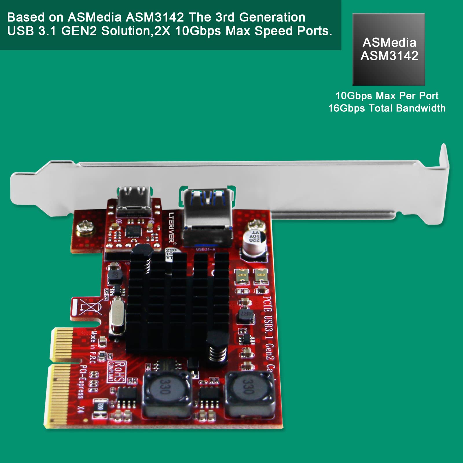 PCIE to USB 3.1 GEN2 10Gbps Card for Windows 7, 8.1, 10, 11 (32/64) and MAC OS 10.9,10.10,10.12,10.13,10.14,10.15 PCs, Built in Smart Power Control Technology, 1X USB-C and 1XUSB-A (PCE-U31AC)