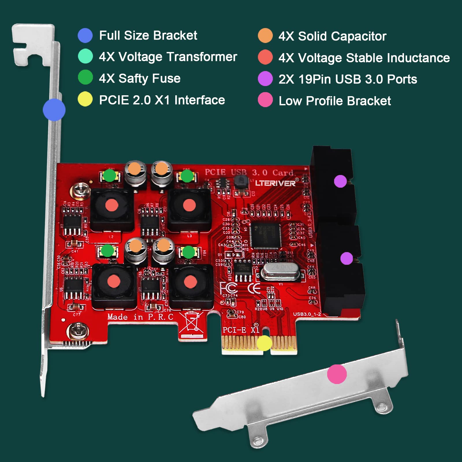 LTERIVER PCIE to 2X 19Pin USB 3.0 Header, PCIE Superspeed USB 3.0 5Gbps Expansion Card for Windows 11, 10, 8.1, 8, 7, XP (32/64bit) Desktop PCs, Built in Smart Power Control Technology (PCE-IN4)