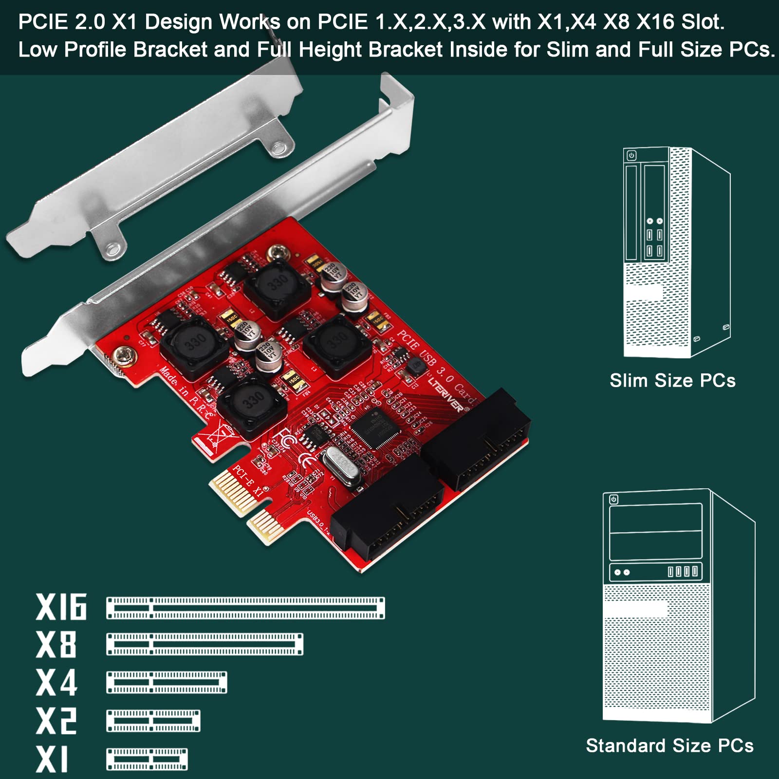 LTERIVER PCIE to 2X 19Pin USB 3.0 Header, PCIE Superspeed USB 3.0 5Gbps Expansion Card for Windows 11, 10, 8.1, 8, 7, XP (32/64bit) Desktop PCs, Built in Smart Power Control Technology (PCE-IN4)