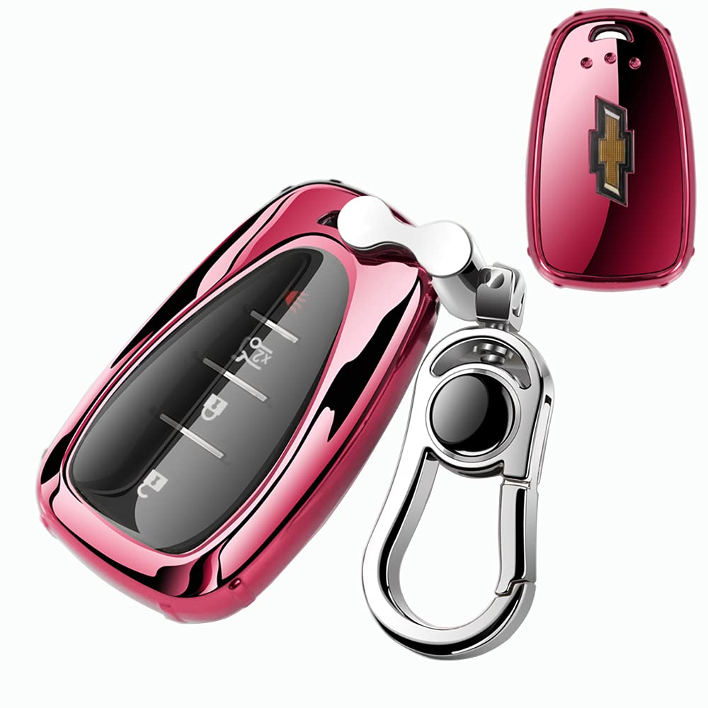 K LAKEY Chevy Key Fob Cover,Compatible with Chevrolet Chevy Malibu Camaro Cruze Spark Volt Sonic Trax Equinox Smart Car Key Soft TPU Case Shell Protector with Alloy Keychain Pink